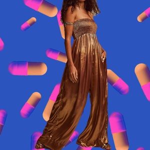 Free People Julie One Piece NWT Metalic Gold Jumpsuit Size Large